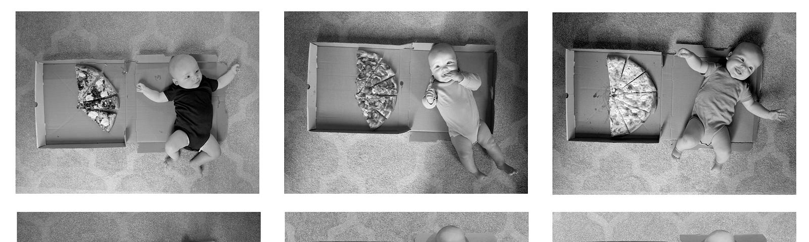 Three by four grid of black and white photos, each with a pizza box with a baby on right and pizza slices on left.