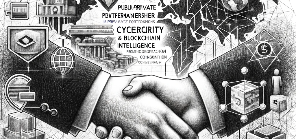 Black and white sketch of public-private partnership in cybersecurity, showing handshake, digital elements, and global background.