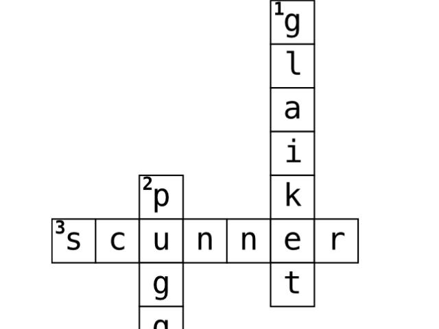 A crossword using the Scottish words scunner, puggle and glaiket