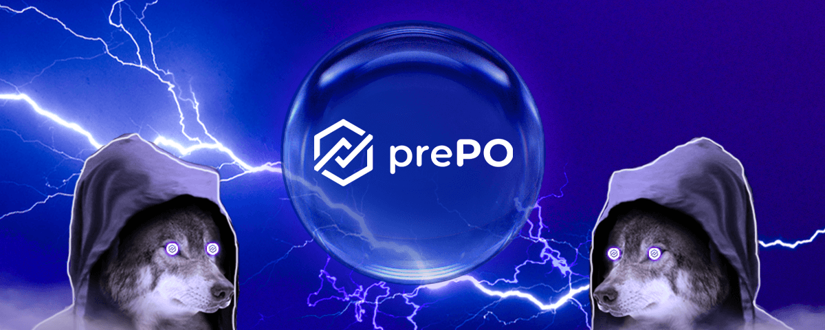 Two wolves wearing hoods stare at a floating orb with the prePO logo. Smoke appears in the foreground, while lightning flashes against a dark purple background.
