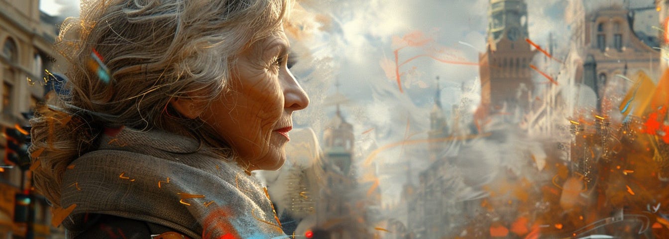 This is an artful painting of an older businesswoman. The view of her is head and shoulders as she looks pensively while standing by a city road with government-looking buildings in the background.