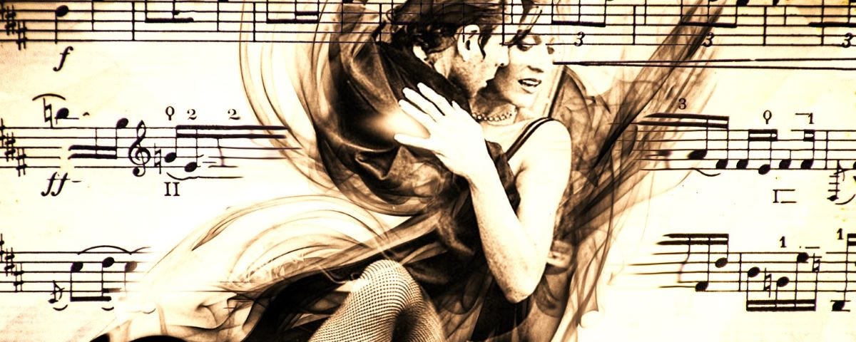 A sketch of a man and woman dancing printed over some sheet music