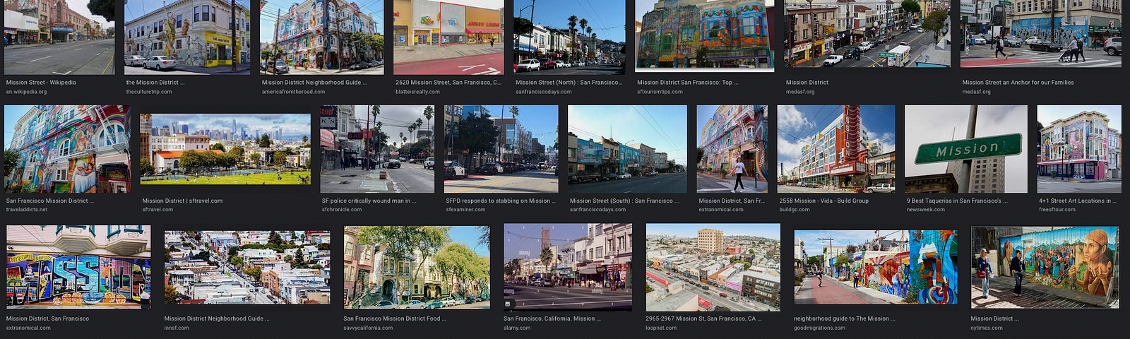 A screenshot of a grid of thumbnail images for Mission District of San Francisco from a Google image search.