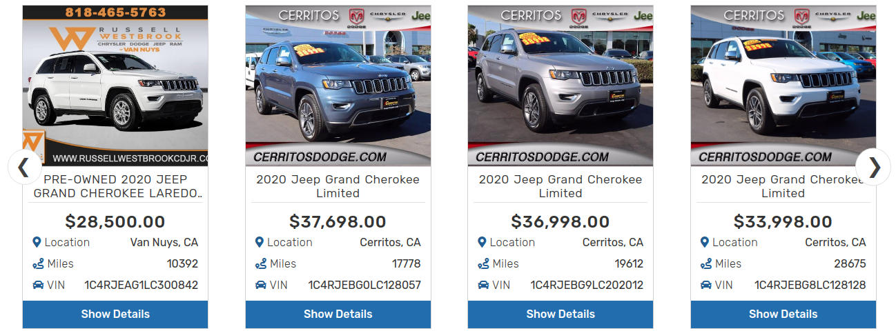 Similar Cars widget showing Jeep Grand Cherokee active listings in CA, USA