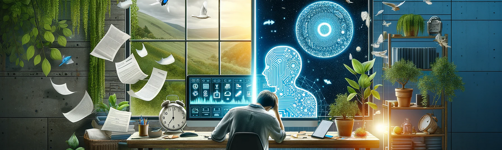 An illustrative contrast between stress and tranquility in the context of AI integration. The left side shows a person overwhelmed at a cluttered desk with a malfunctioning computer, symbolizing stress. The right side depicts the same individual relaxed in a tidy and serene workspace, with a computer displaying a soothing AI interface, surrounded by nature elements, signifying stress reduction through AI