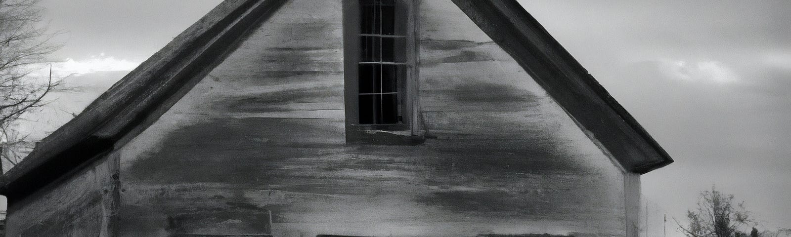 black and white image of beat up looking old house, slight sinister