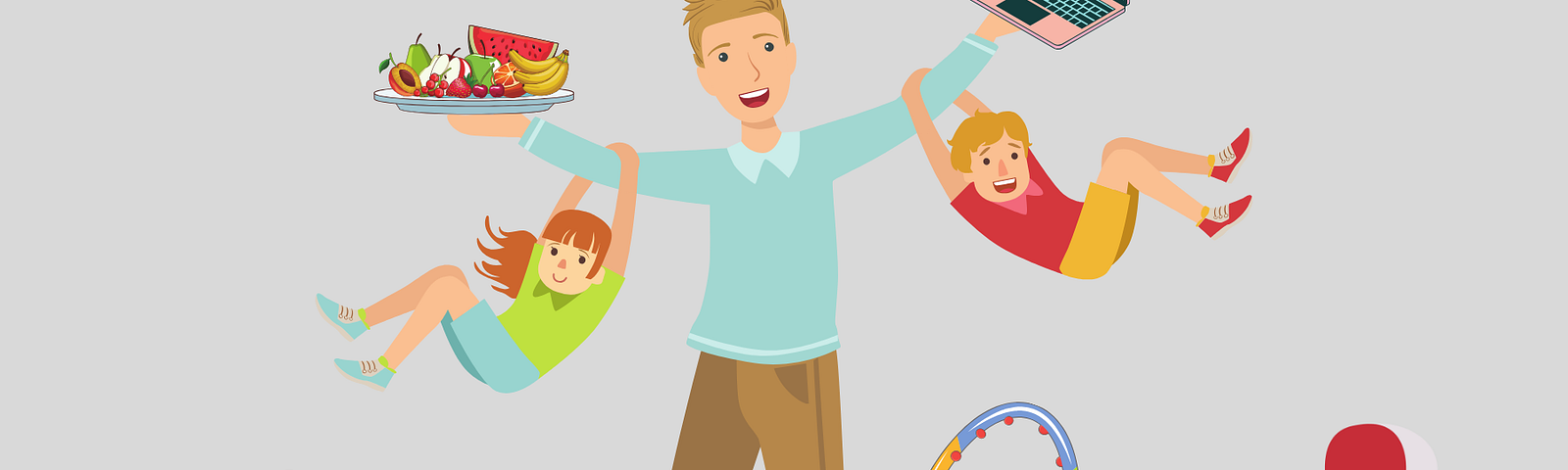A cartoon illustration of a multitasking parent balancing various activities. The parent is juggling a laptop and a platter of fruits in one hand while holding two children in the other. One child is laughing, another is enjoying the ride, and a third child is in a playpen. The parent also has one leg inside a hula hoop, while another older child sits on the floor using a smartphone.