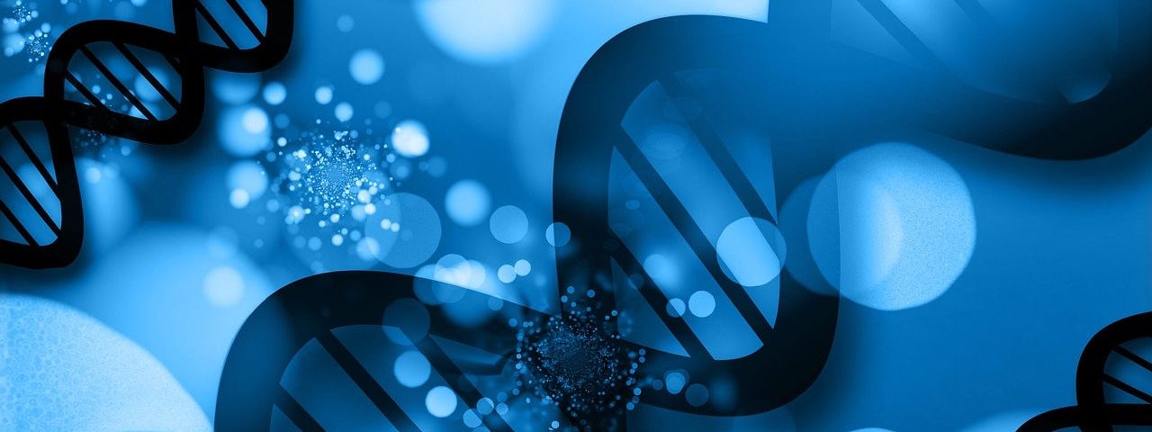 a blue-toned image of a spiral strand of DNA
