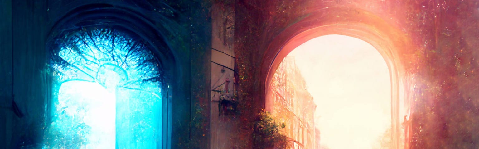 Two people are looking out a doorway toward a bright day, the sun makes everything hazy. Beside them is another doorway to another bright day bathed in blue light.