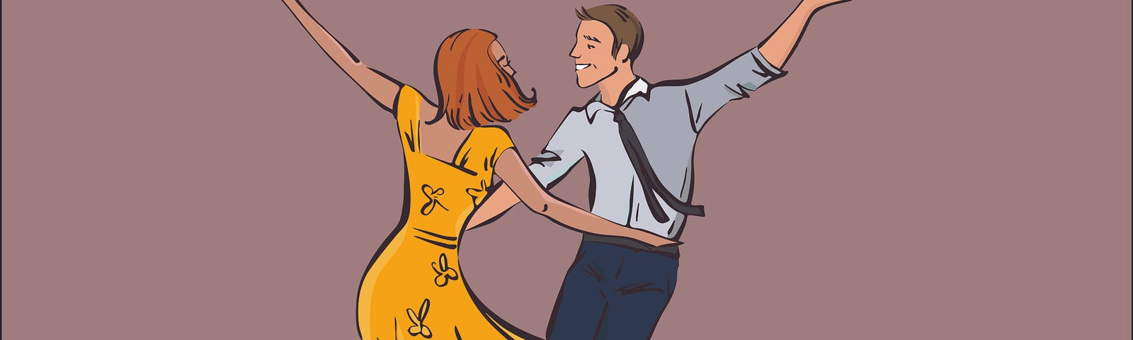 Ryan Gosling and Emma Stone in a yellow dress dance together in a scene in La La Land