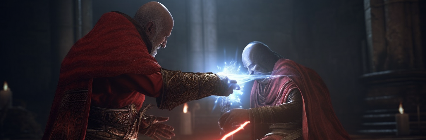 Two men in red robes in a dark room, shooting lasers at each other.