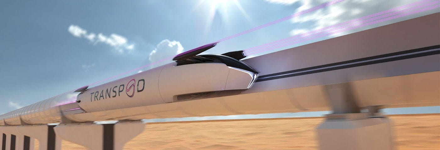 The TransPod FluxJet while traveling in a desert setting.