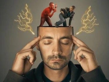 Man thinking with two mini versions of himself coming out of his head.