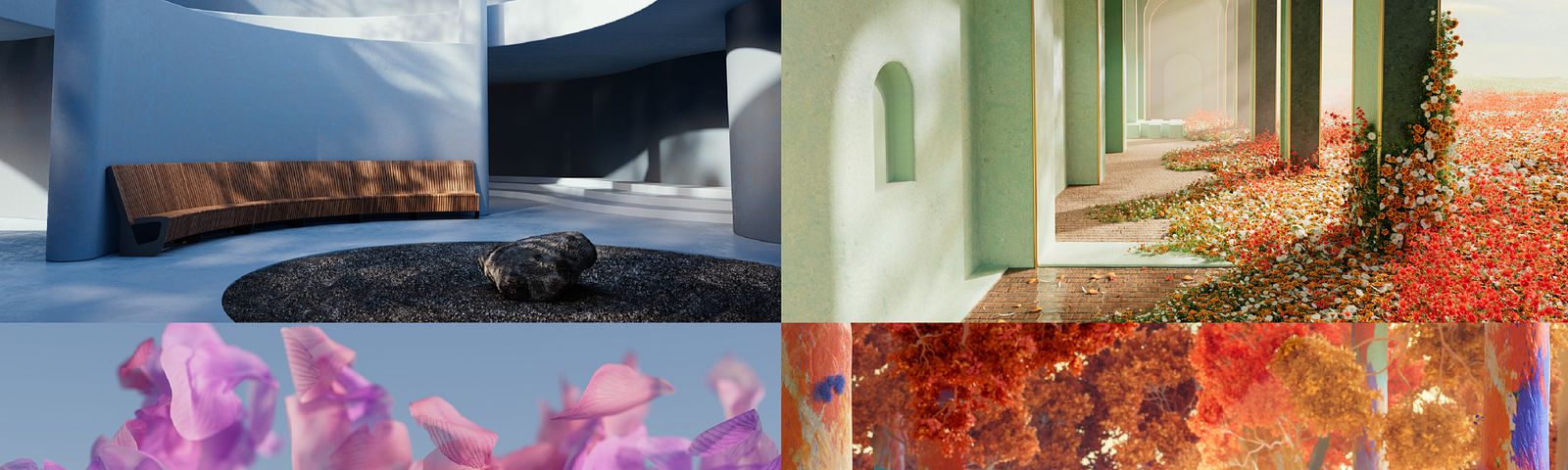 A collage of four unique 3D-rendered imaginary landscapes.