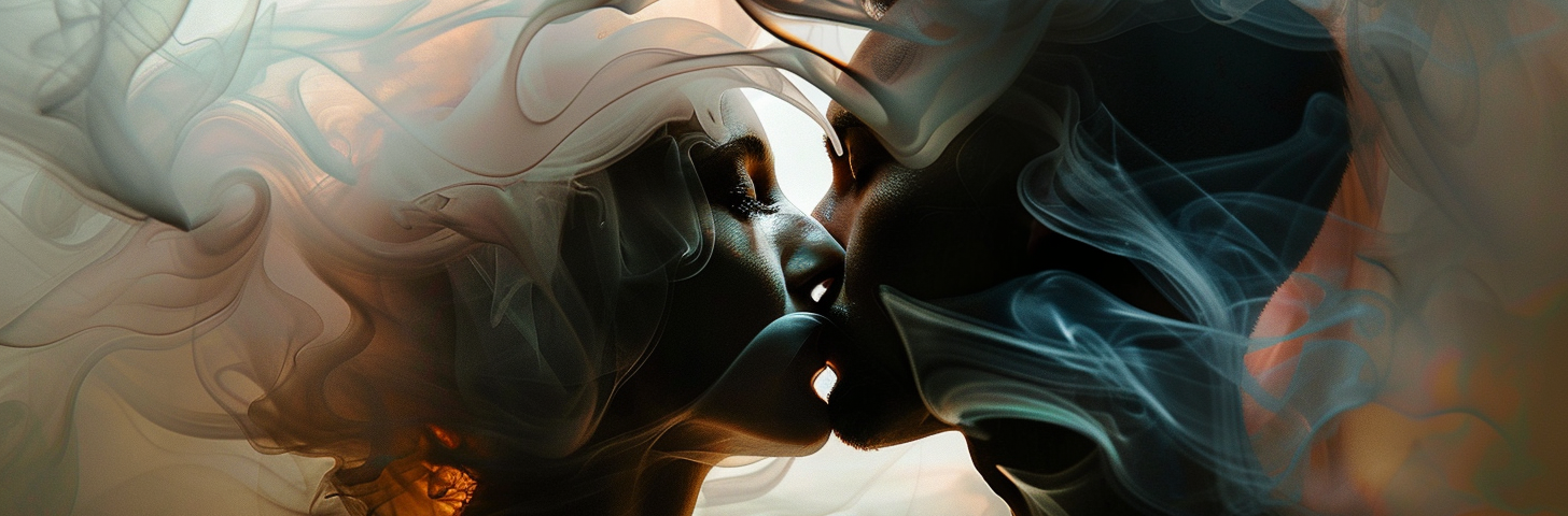 Two ethereal beings engaged in a kiss, surrounded by swirling, mist-like forms.