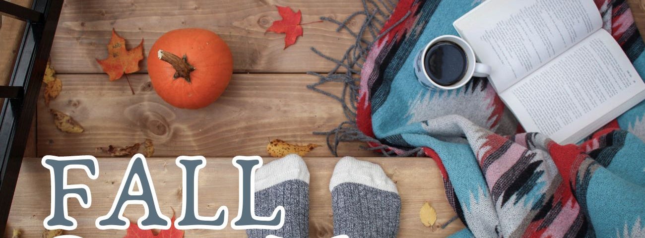 Text Reads Fall Cozy Mysteries and it’a an image of socks, book, fall setting