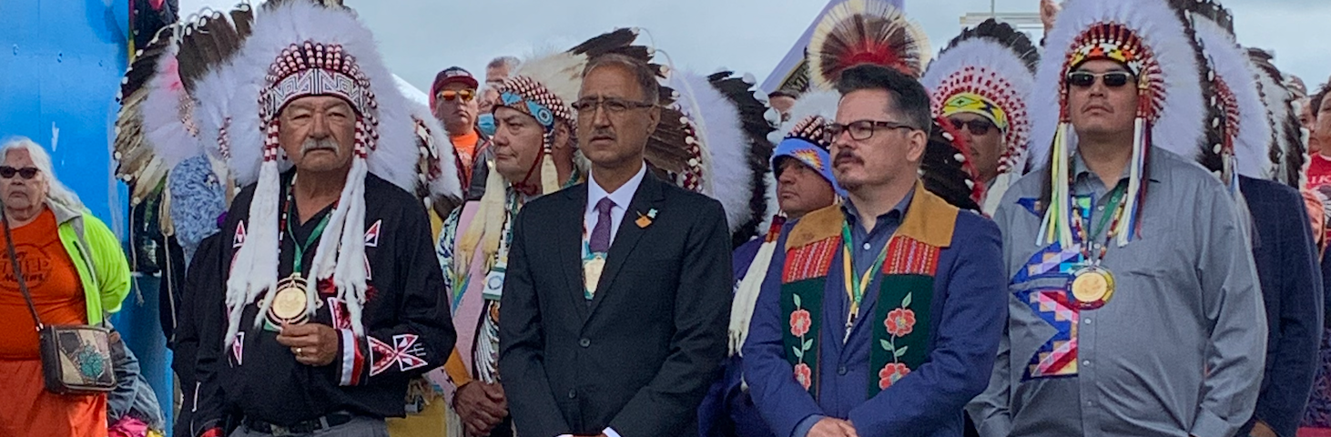 Mayor Sohi standing with Grand Chief George Arcand Jr. and Deputy Mayor Aaron Paquette at Maskwacis event.