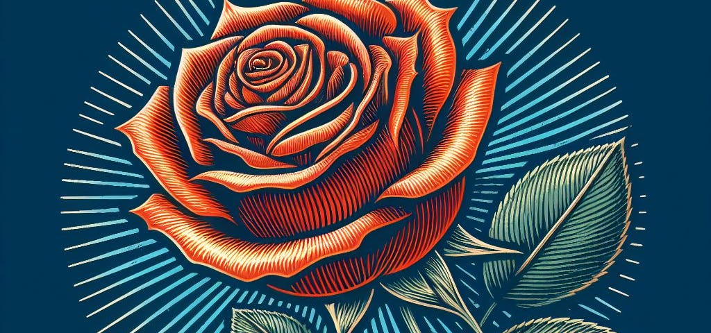 a vector drawing of a vintage orange-red single rose on a bold blue background