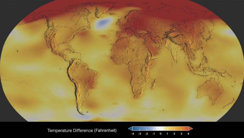 This color-coded map shows a progression of changing global surface temperatures since 1884. Dark blue indicates areas cooler than average. Dark red indicates areas warmer than average.