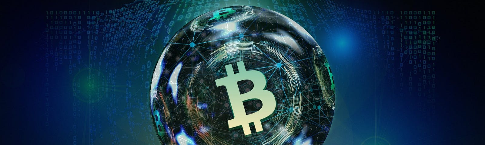 Background dark blue/black and green lights at the center. A hand holding a crystal ball with green Bitcoin logo (Bitcoin Cash).