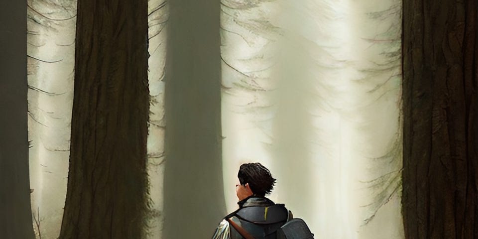Color illustration of a young man walking in a dark misty wood as he approaches a fork in the road. Created by Frank Moone using Dream.AI.