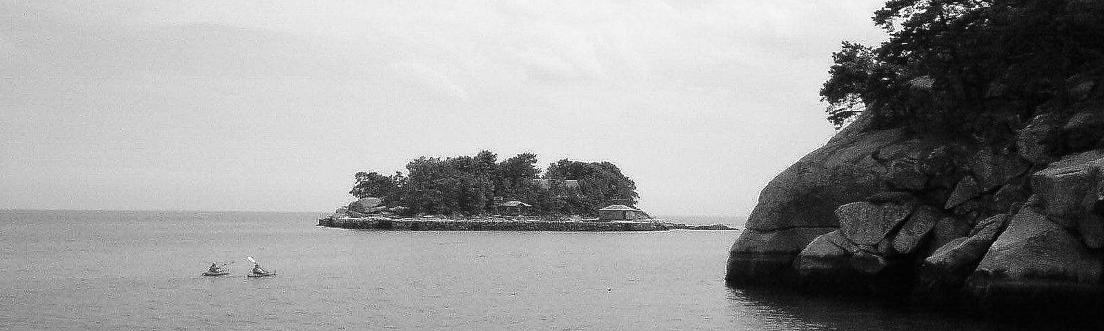 A scene from my past made for the form of writing I mention in today’s post: two kayakers on the ocean near Thimble Islands. Branford, Connecticut, U.S.A., July 2007.