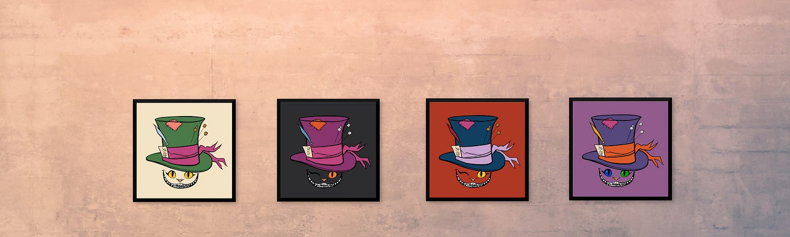 Four digital paintings of cats wearing hats hanging on a wall