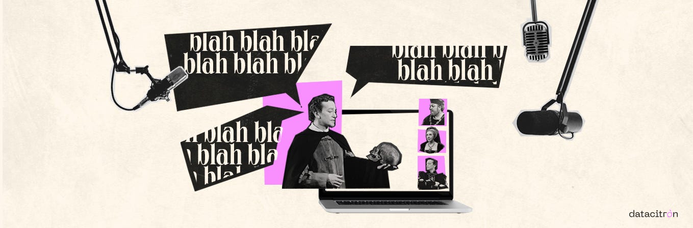 Collage of a Hamlet actor, holding a skull, with several speech bubbles saying “blah blah blah blah” and mics around him