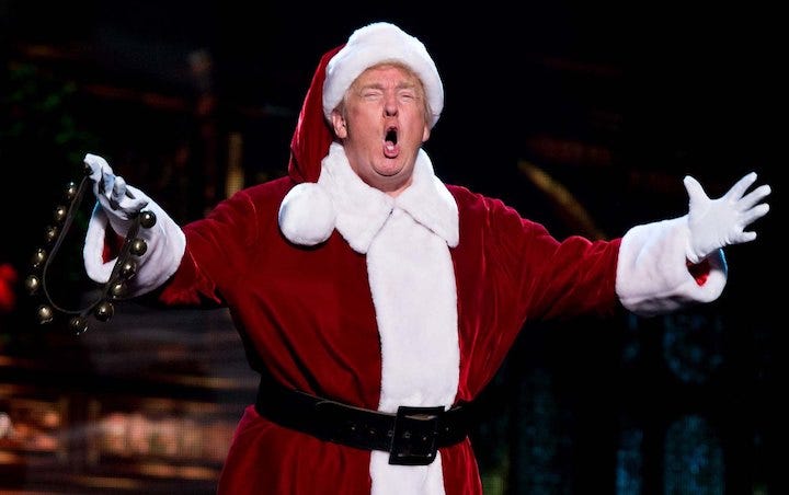 Photo of Donald Trump in Santa Claus costume. Satire. Humor. Funny. Christmas. Scrooge. Gifts. Holidays.