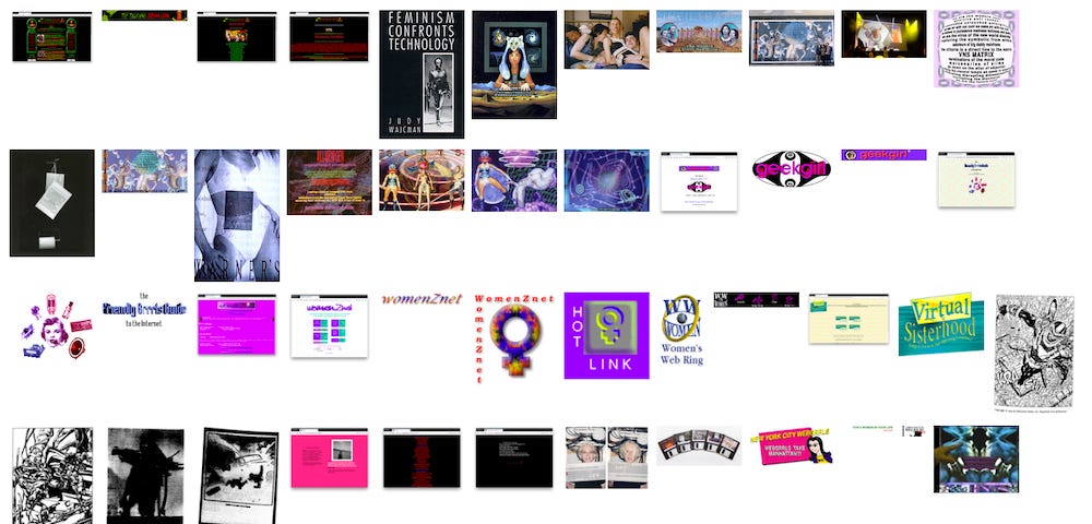 A grid of thumbnail images in varying sizes found on Mindy Seu’s online project Cyberfeminism Index.