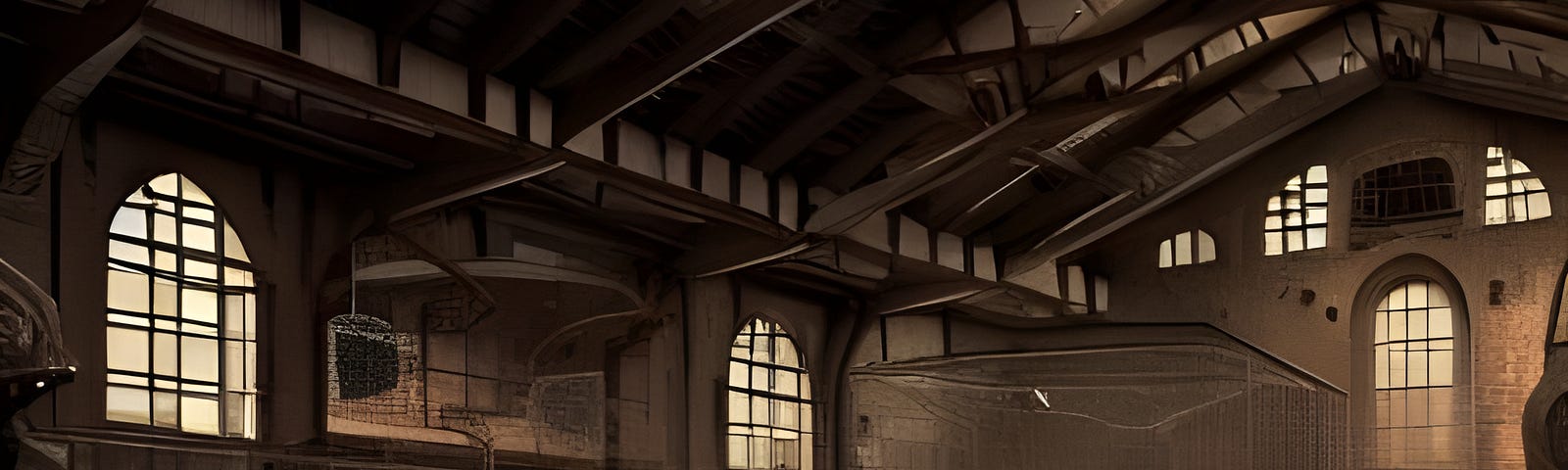 An empty medieval factory hall with a high roof. The hall is mostly empty and repurposed into a pit fighting arena. Several persons are fighting each other.