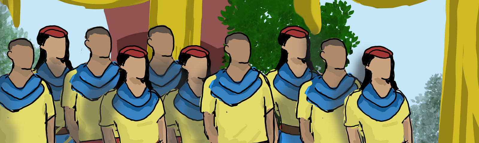 A group of young design officers dressed up in their blue and brilliant yellow ceremonial dress.