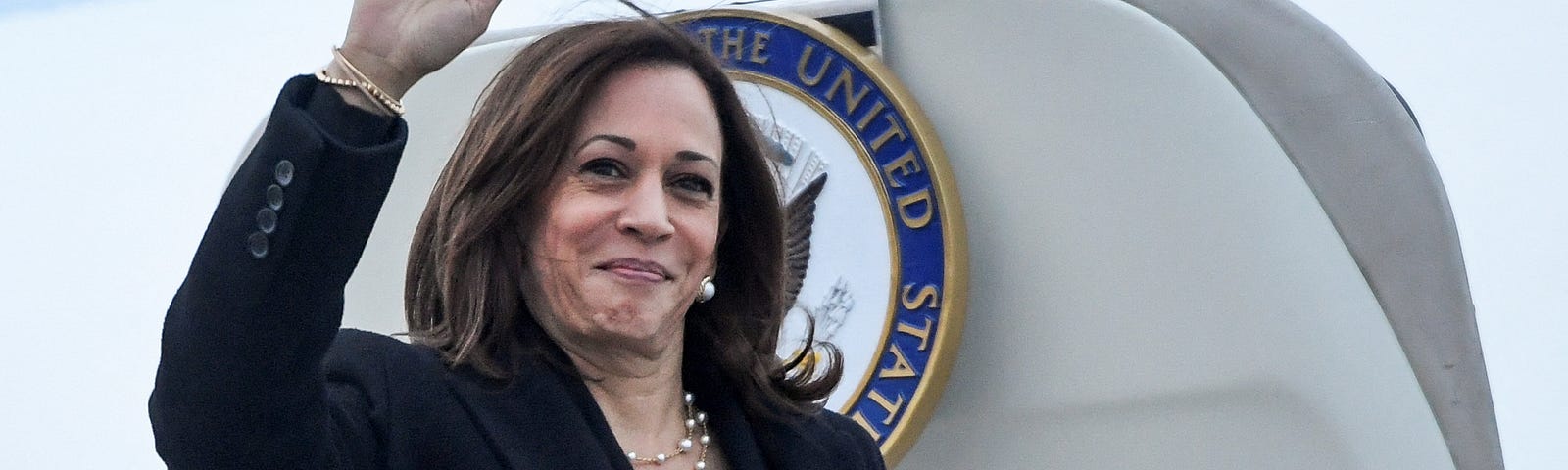 U.S. Vice President Kamala Harris waves as she boards Air Force Two prior to departure from Bucharest after a trip to Poland and Romania amid Russia’s invasion of Ukraine, March 11, 2022. Photo by Saul Loeb/Pool/Reuters