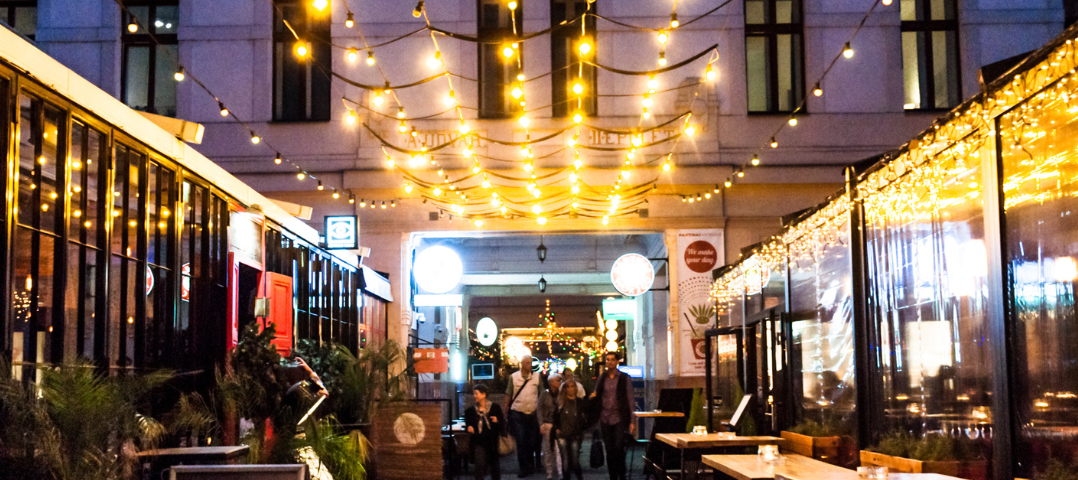 An outdoor seating area of a restaurant or bar