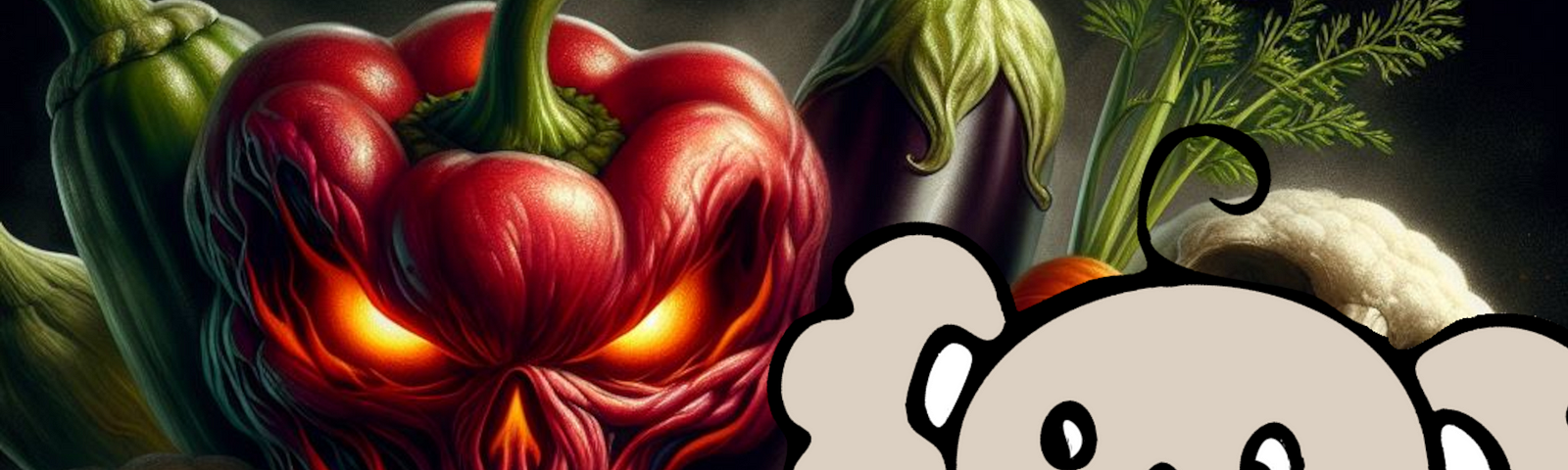 On the left, there is a highly detailed, menacing depiction of a red bell pepper with a face that resembles a demonic figure. The bell pepper has glowing eyes and a mouth that suggests it’s alive and possibly evil. It’s surrounded by other vegetables such as green bell peppers, cauliflower, and carrots, all portrayed realistically. On the right, there’s a cartoonish drawing of a koala with a surprised expression, sticking out its tongue.