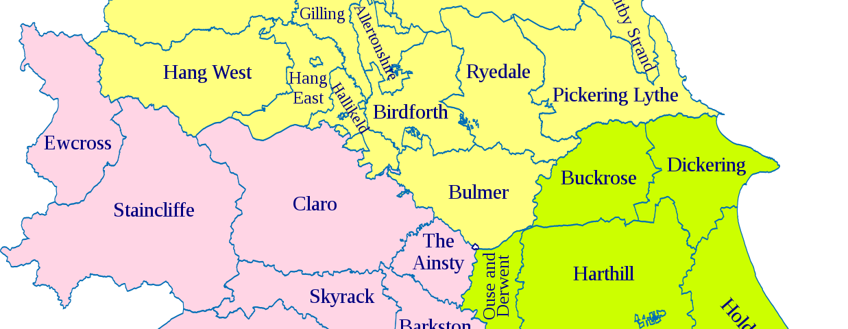 A map of the English county of Yorkshire sub-divided into administrative areas called Wapentakes — the Danelaw equivalent of an Anglo-Saxon Hundred in most other counties.