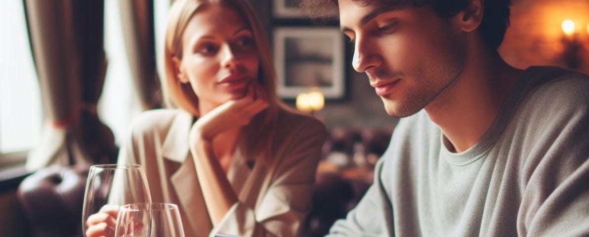 A man and a woman having dinner while the man is checking his phone