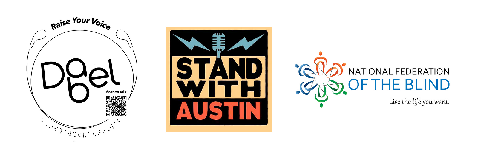 Dabel, Stand With Austin, and National Federation of Blind logos