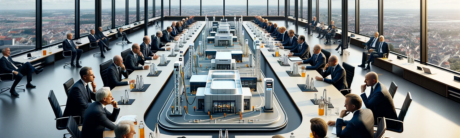 ChatGPT & DALL-E generated panoramic image of serious Germans wearing suits in a conference room, focusing on a scale model of a hydrogen refueling station