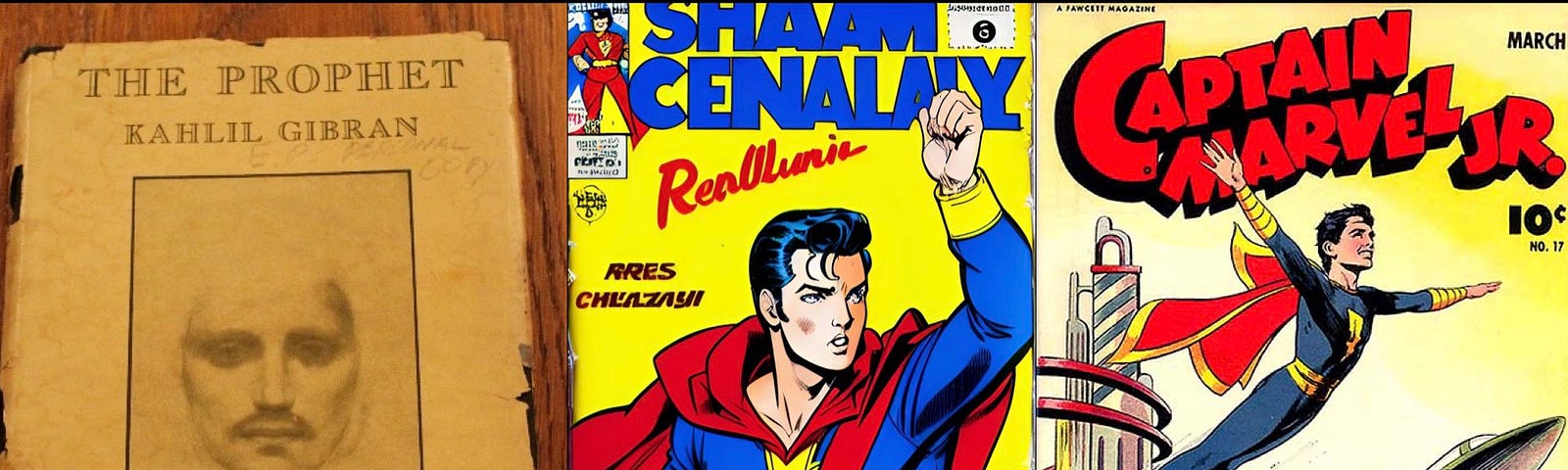 From every superhero movie to most forms of spirituality and most world religions, we seek a way to tap into the source of a higher power. Elvis Presley pursued both paths simultaneously, seeking to be and even look like his comic book hero, Captain Marvel Jr., while devouring every source of spiritual reading he could find. From right to left: Presley’s The Prophet by Kahil Gibran, a new painting of Presley portraying Captain Marvel Jr. by Hyju, and the original Captain Marvel Jr.