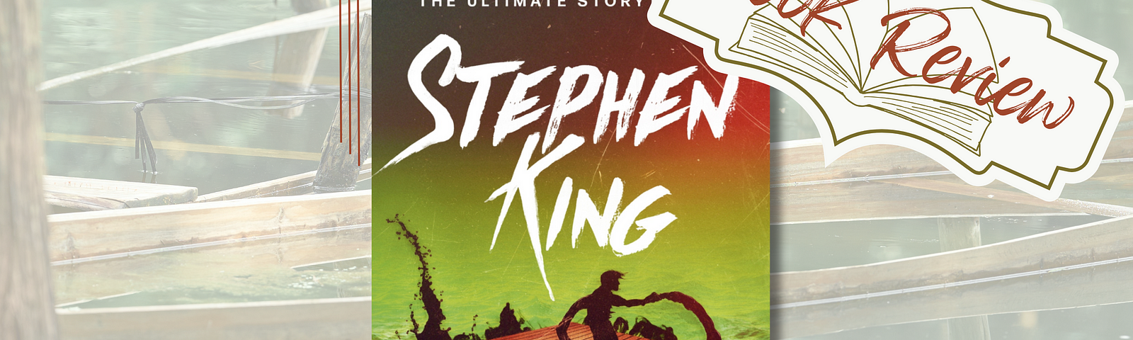 The book cover for Skeleton Crew showing a boy standing on a raft while being attacked by some black goo coming from the water. Around the book cover, there is a stamp saying book review, and another stamp saying very good and showing four stars.