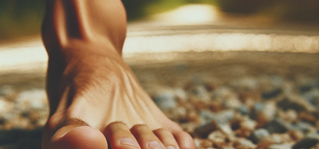 a bare human foot on a gravel road
