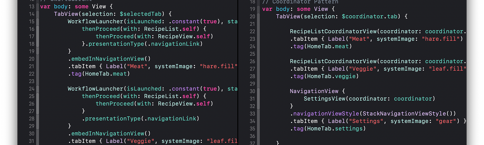 Xcode with a side-by-side comparison of SwiftCurrent and the Coordinator pattern.