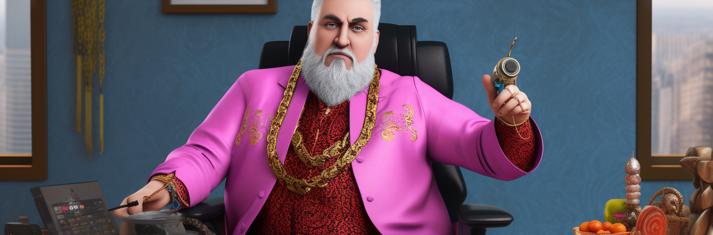 White-haired, white-bearded professional care giver of some kind sits behind a desk wearing a pink casual jacket, gold chains, holding a fantasy gun. Digital collaboration by the author with MidJourney.