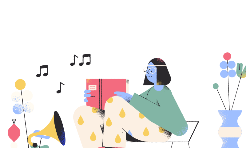 Illustration of a girl reading book with the music on