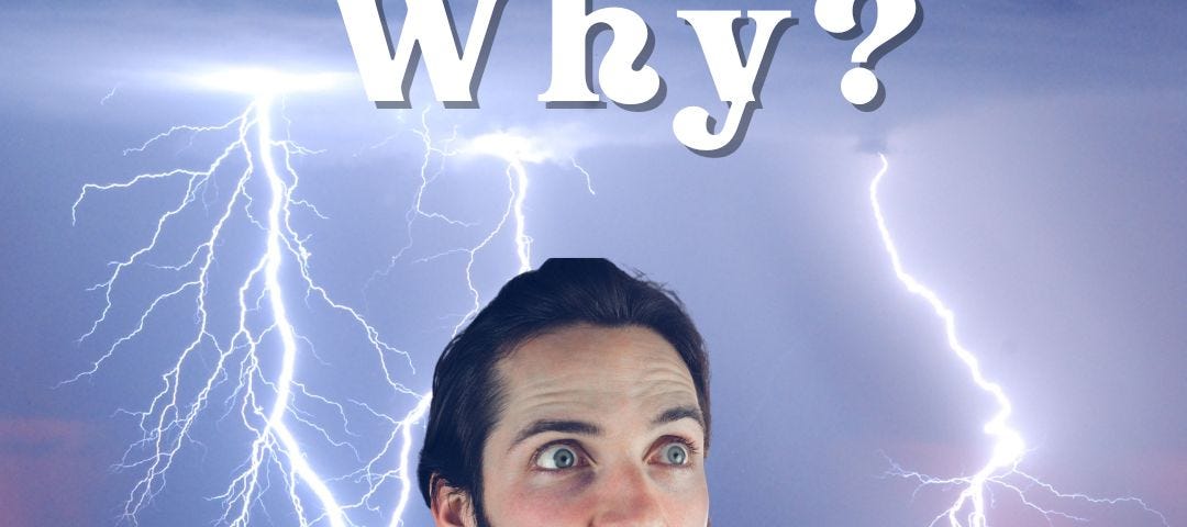 A man with a puzzled look on his face and lightning behind him