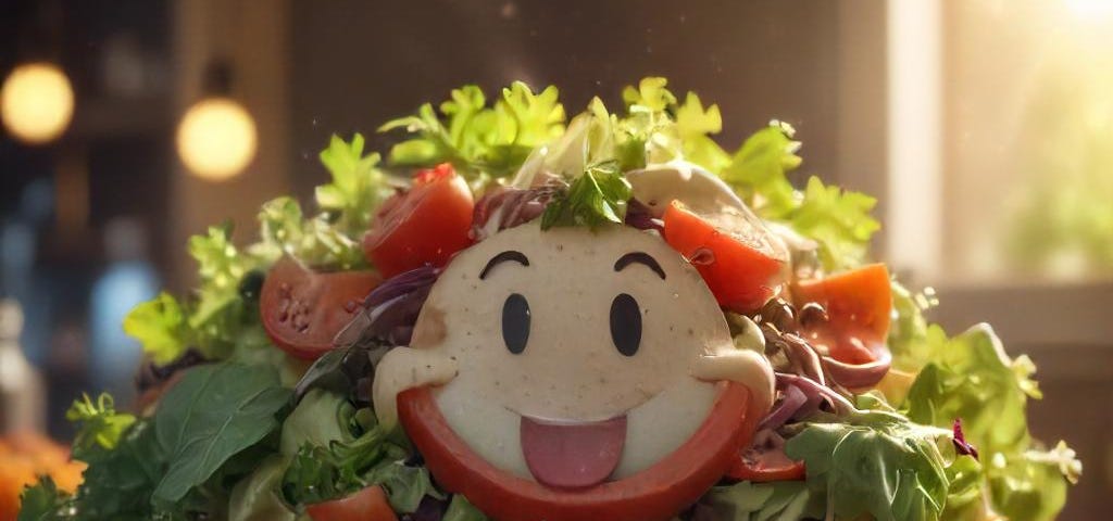 Um prato cheio de salada com uma espécie de batata com rosto alegre e estilizado com olhos e um tomate representando a língua compondo sua careta de peralta