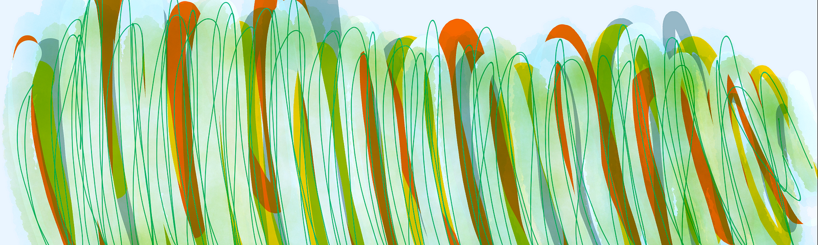 Abstract artwork created by the author on her iPad with in a drawing / journaling app called Paper. Nothing spectacular, varying shades of green flow and twist across the horizontal revealing hints of pale blue, deep yellow and bold orange beneath the stream. It’s not much more than scribbles, but it came to be during an extended time of meditation and feels upbeat, undemanding, pleasant — like a cool river on a hot day.