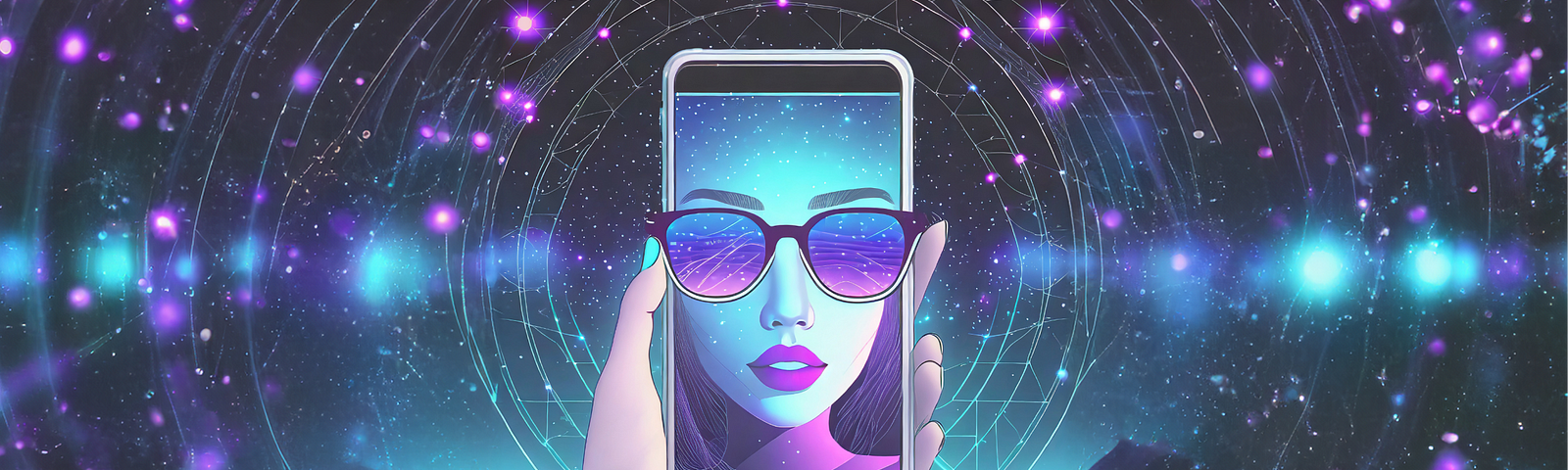 In a captivating image blending the cosmos and earthly beauty, a hand emerges against a starlit sky, holding an iPhone. On its screen, a girl virtually tries on stylish glasses, symbolizing the seamless integration of VTO technology with social media, as explored in our insightful article on designhubz.com.
