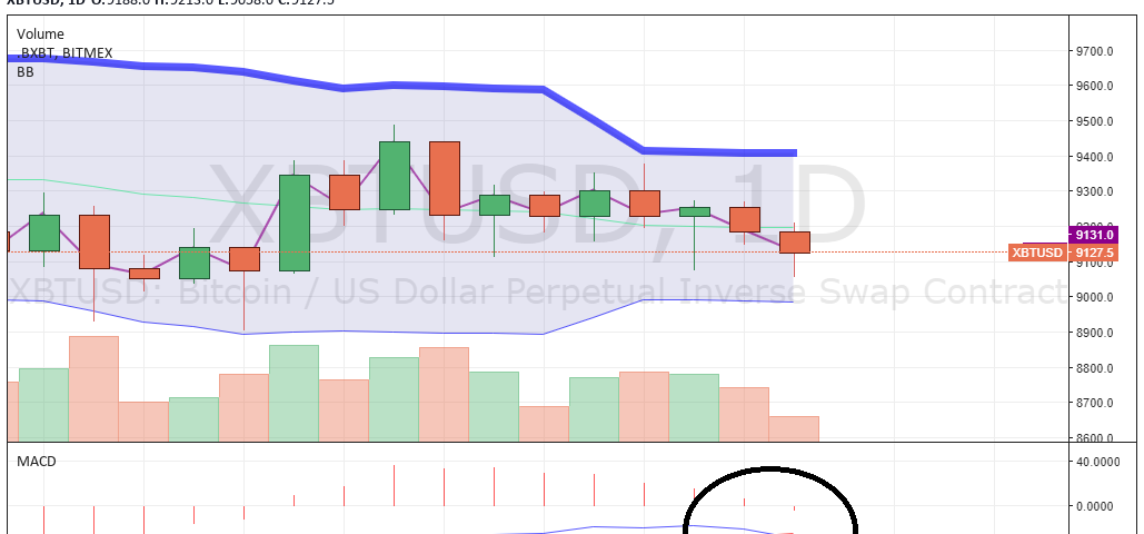 bitcoin chart with MACD indicator, momentum turning bearish